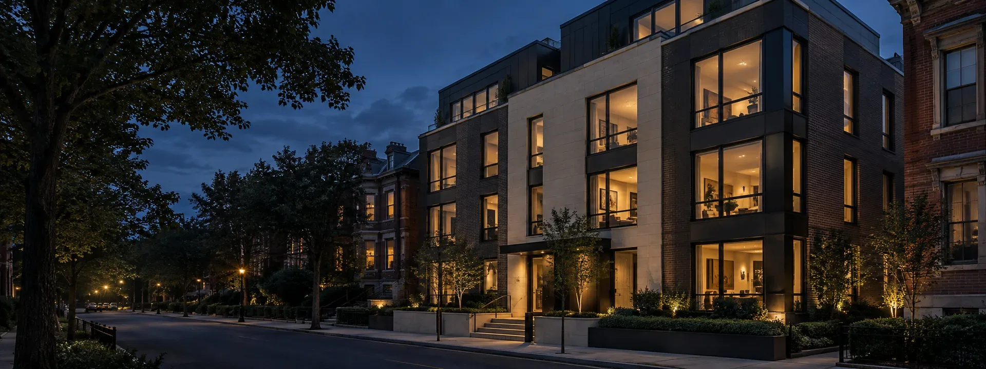 Contemporary multifamily residence illuminated at dusk in a New England neighborhood