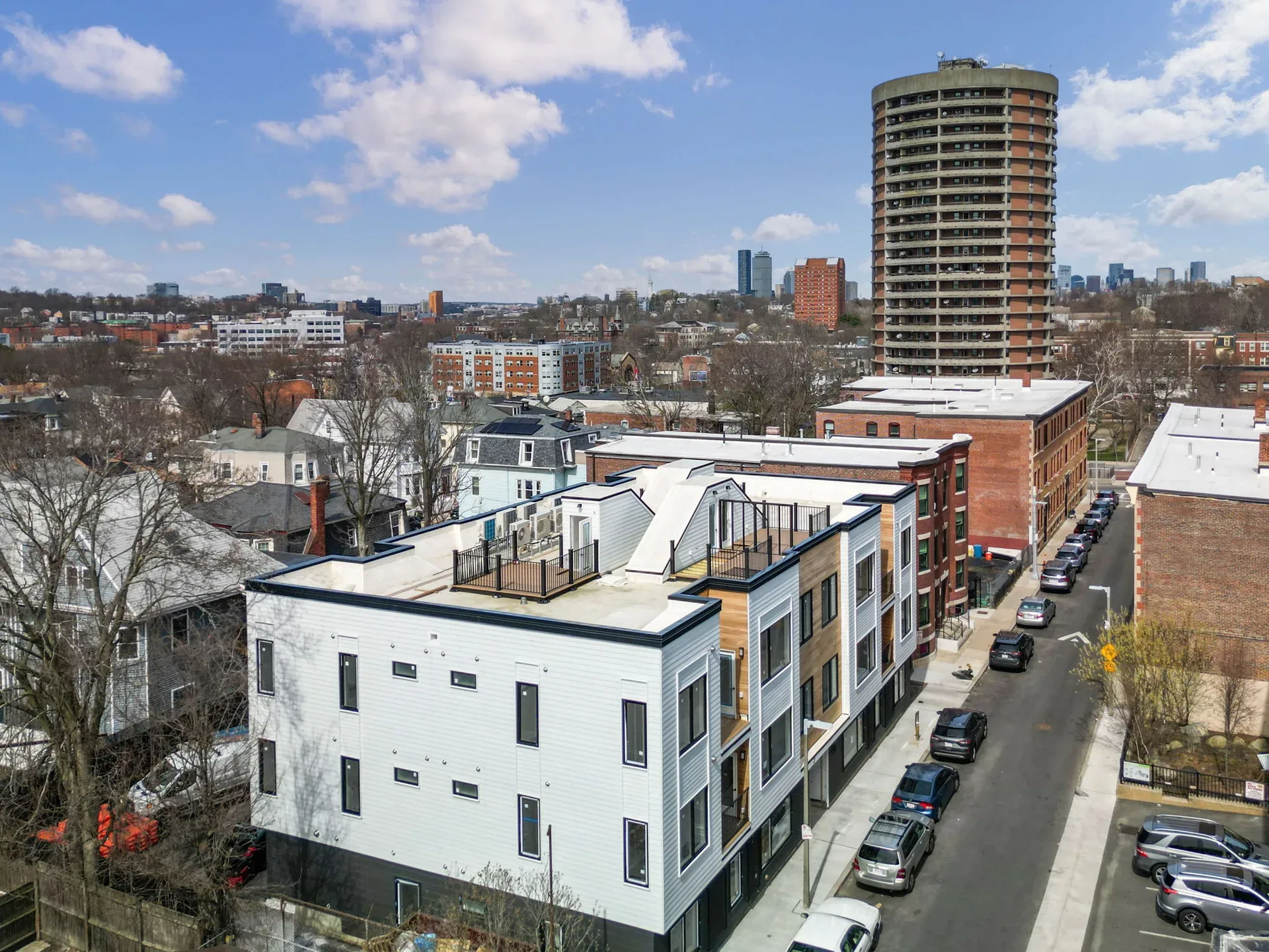 Aerial view of The Parkline within its Jamaica Plain context